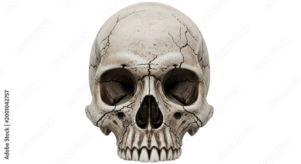 Obraz premium Ancient Human Skull with Cracks on Transparent Background, PNG