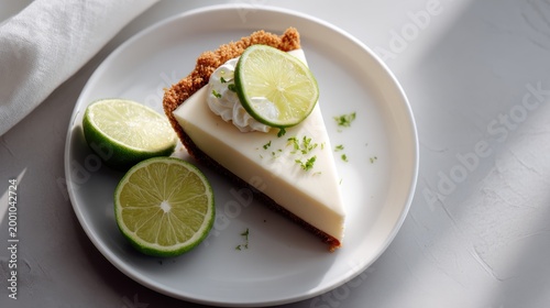 Delicious slice of Key Lime Pie with fresh lime and whipped cream topping. Refreshing and tangy Key Lime Pie slice, garnished with whipped cream lime zest, served on white plate with fresh lime halves