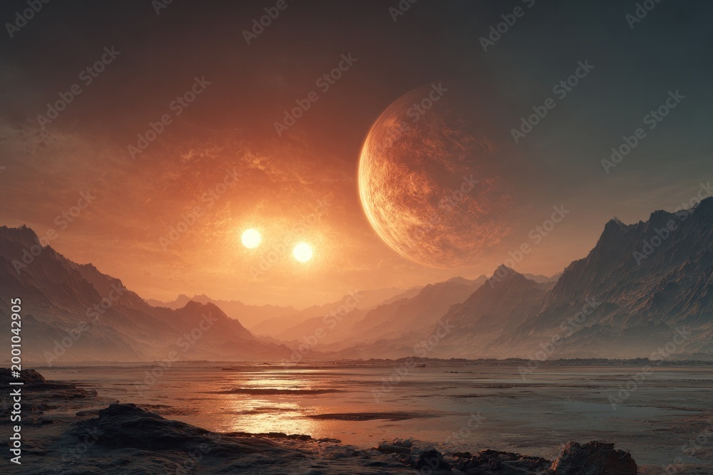 Fototapeta premium Alien landscape with twin suns and large moon