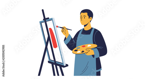 A cartoon man painting on an easel with a brush and palette