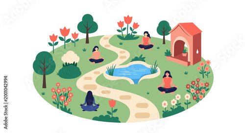 A serene garden illustration featuring people meditating in a peaceful outdoor setting