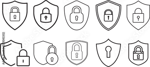 Security Shield Icon Set: A collection of meticulously crafted shield icons, each bearing a unique padlock symbol, symbolizing protection and safeguarding of digital data.png