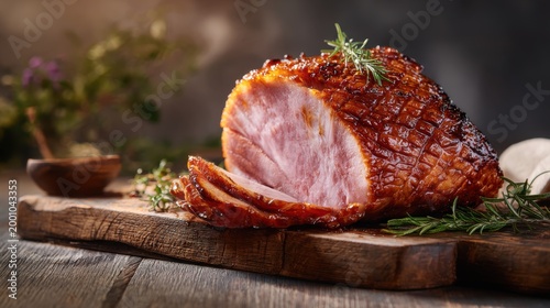 Gourmet glazed ham with rosemary and herbs served on a rustic wooden board. A beautifully glazed ham, sliced and garnished with fresh rosemary, presented on a textured wooden cutting board