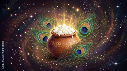 Creative digital illustration of Lord Krishna's earthen pot with fresh butter and peacock feathers on a magical galaxy background for Janmashtami