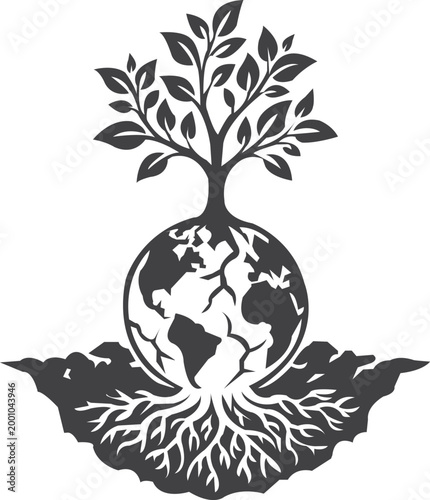 plant sprouting from cracked earth globe, strong environmental recovery concept