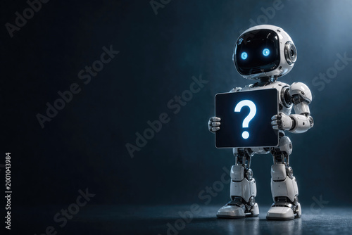 A white robot holds a sign with a question mark. Space for text.
