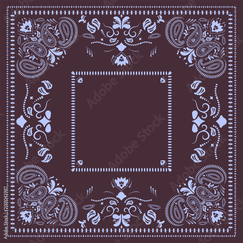 Bandana with paisley pattern and grunge texture. Scarf, fabric, and textile backgrounds. Bandana print featuring ethnic ornaments and abstract swirls.
