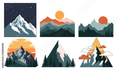 Mountain Landscape Illustration Set with Sunset and Starry Night Sun