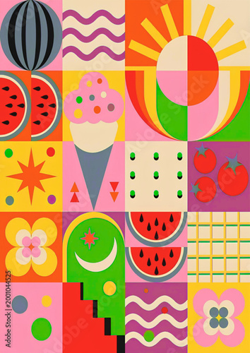 vibrant summer fruit and ice cream seamless pattern with playful doodle elements and bright colors