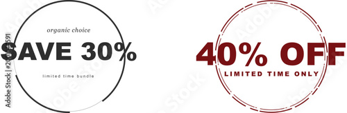 Sale Tag Vector Set, Save 30 Percent Organic Choice, 40 Percent Off Limited Time Only, Discount Label, Retail Promotion, Price Tag, Special Offer, Fast Food, Burger, Pizza, Shopping, Promo, Deal.