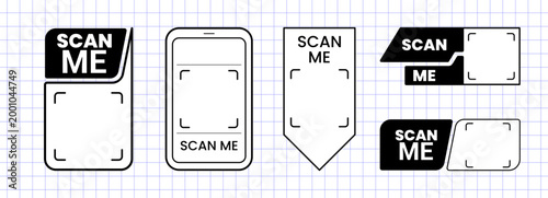 Scan me icon with qr code frame and sticker logo arrow. Design phone payment with shape vector qrcode and cta app website. Set mobile scan with tag scanner qr