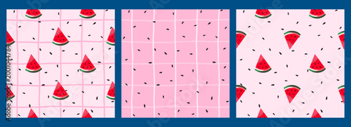 Seamless background pattern with hand illustration of watermelon seeds. Berries for colorful melon texture summer food art. Simple line prints child-friendly stripes and tropical.