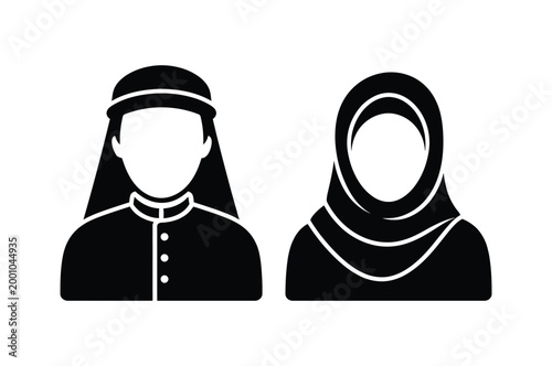 Muslim Couple Icon Set Black Silhouette Man in Thobe and Woman in Hijab Minimal Vector Illustration
