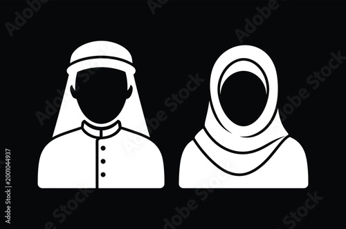 Arab Man and Woman Avatar Icons in Minimalist White Silhouette Style on Black Background