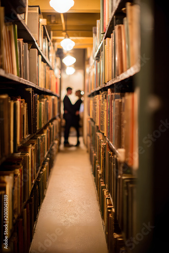 Person proposes to partner in a library with books on shelves all around