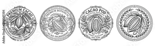 Premium cacao pod round emblem engraving set with botanical borders, cocoa bean details, and luxury chocolate packaging seal designs