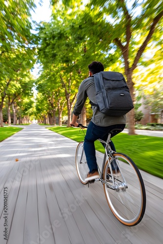 A student pedals a bicycle down a path surrounded by trees on campus