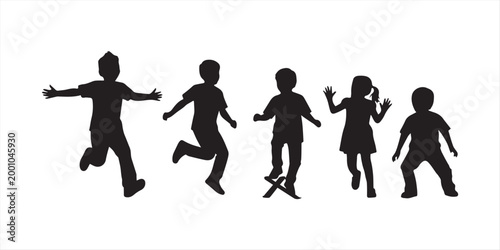 Vector silhouette of children on white background.