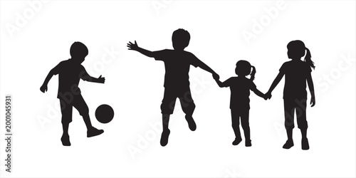 Children playing soccer silhouette against a clean white background design