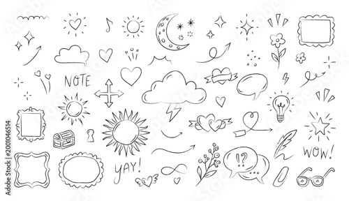 Hand-drawn universal doodle set. Vector collection of cute icons, frames, hearts, stars, sun, and clouds for creative journaling, scrapbooking, and playful graphic design accents.