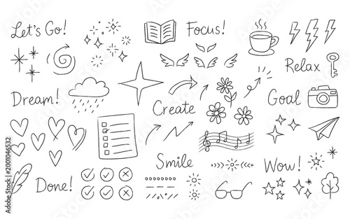 Hand-drawn inspirational life doodle set. Vector collection of cute icons, hearts, stars, and motivational words like Dream, Goal, and Create for planners and creative journaling.