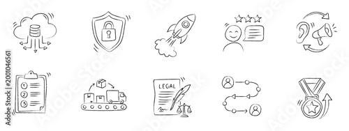 Hand-drawn business and professional doodle set. Vector collection of office icons, rocket launch, security shield, legal documents, and medal for corporate presentations and career planning.
