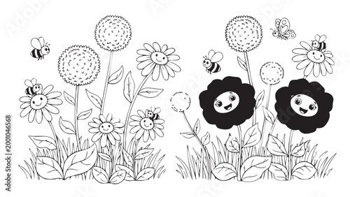 Flower coloring page featuring cute cartoon daisies with happy faces flying bees and butterflies in a summer garden setting for children activity book design