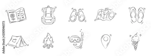 Hand-drawn travel and adventure doodle set. Vector collection of vacation icons including backpack, tent, passport, map, and campfire for summer trip planning and creative journaling.