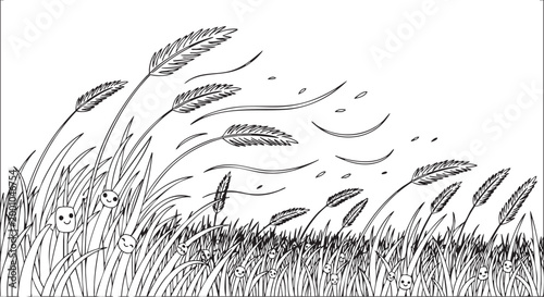 Cartoon illustration showing tall grass and wheat-like reeds gracefully swaying in the wind, with happy little smiley faces peeking out from the foliage.