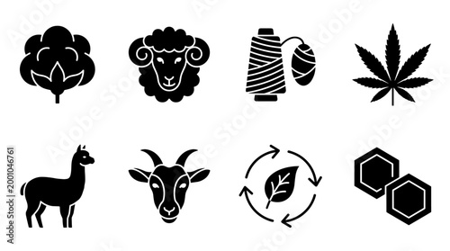 Natural Fibers and Sustainable Materials Icons Set for Textile and Eco-Friendly Industries Design