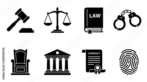 Comprehensive Legal and Justice System Icon Set – Courtroom Law Enforcement and Contract Symbols