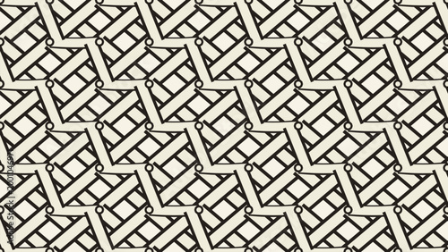 Geometric seamless pattern with interlocking black lines on white background, abstract linear vector texture, minimalist repeating lattice for modern textile design