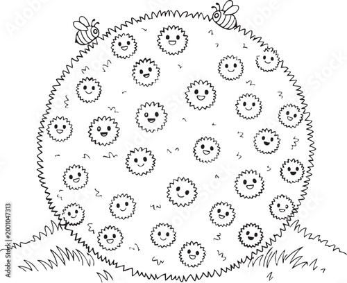 Cute cartoon bush drawing filled with many happy smiling fluffy creatures and two small bees, a playful illustration for children's activities.