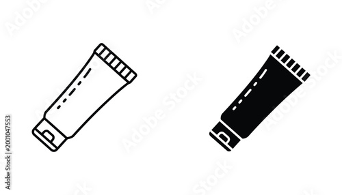 Cosmetic cream tube container icon set in thin line and solid black style