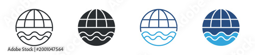World water icon set. globe with waves symbol. global environment, ocean and water conservation concept. vector illustration.