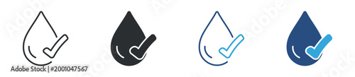 Water drop check mark icon set. purity and quality assurance concept. eco protection and clean water symbol. vector illustration.