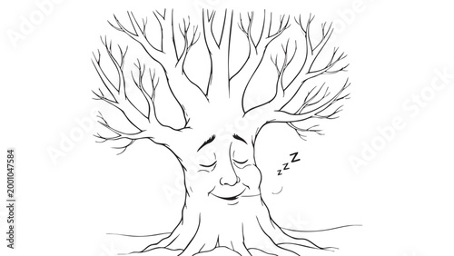 Whimsical anthropomorphic bare tree with a human face sleeping soundly, exhaling Zzzs in a peaceful slumber, winter or autumn concept