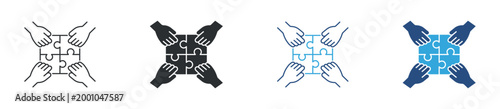 Teamwork puzzle hands icon set. collaboration and partnership concept. group problem solving symbol. vector illustration.