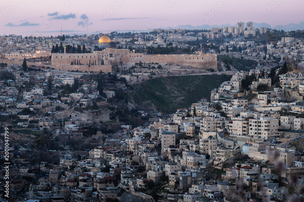 Naklejka premium Jerusalem, Israel - Panorama of the Old City with almond trees