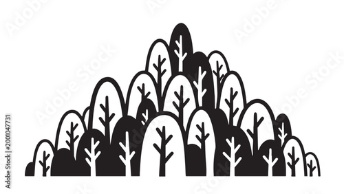 Forest trees icon illustration featuring a minimalist stylized design of a woodland grove with black and white shapes isolated on a plain white background