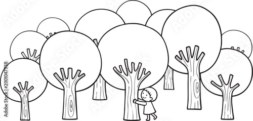Child embracing a large tree trunk among a forest of stylized trees, symbolizing nature conservation and environmental connection in a simple drawing