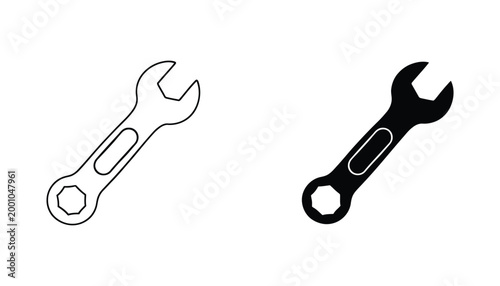 Metal wrench tool icon set for mechanical maintenance in flat vector style