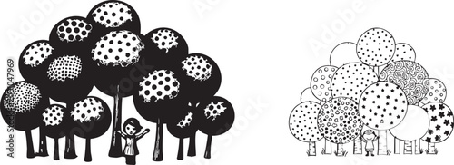 Tree forest illustration featuring cute stylized trees with polka dot patterns and happy children standing in front of the woodland nature scenery isolated white background