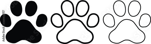 Minimalist animal paw print vector set, black dog paw icons in solid and outline styles, 3 pet footprint symbols for veterinary and pet shop branding