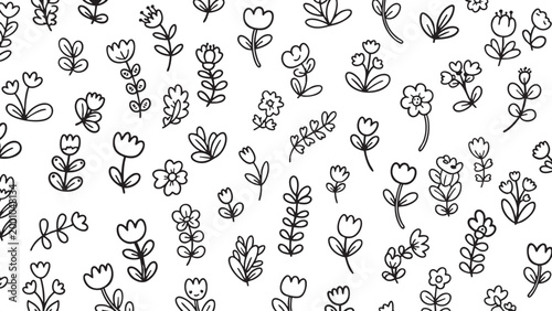 Floral pattern background featuring black and white hand drawn flower illustrations in a simple doodle style for textile prints or creative decorative graphic design projects