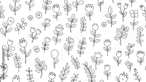 Floral seamless pattern featuring hand drawn doodle style flowers and leaves isolated on white background for textile prints wallpaper decoration or simple stationery design