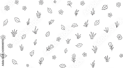 Hand-drawn botanical pattern with simple outline doodle flowers, leaves, and grass elements. Ideal for nature-themed designs, eco-friendly backgrounds, or decorative seamless prints.