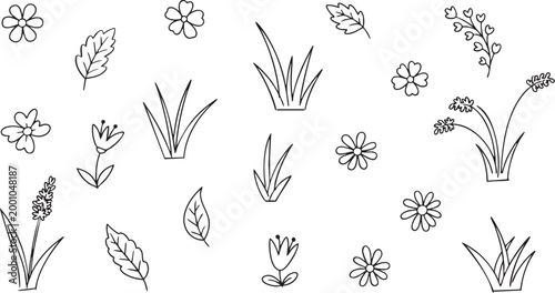 Collection of simple hand drawn natural doodle elements including various flowers leaves and grass on a clean white background for design.