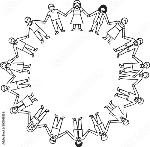 Diverse group of people holding hands in a circular formation representing community teamwork unity cooperation connection global inclusion and diversity illustration on white background