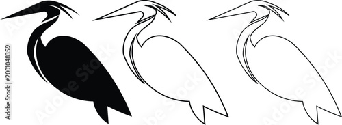 Minimalist heron bird vector icons, elegant crane silhouette set, black and white egret line art illustrations for nature branding and logos